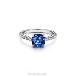 Tiffany Cushion-cut Sapphire Ring Unisex 0J0F1596 Jewelry in Platinum with Pave Diamonds