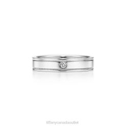 Tiffany Double Milgrain Band Ring Unisex 0J0F1858 Jewelry in Platinum with a Diamond, 4 mm Wide