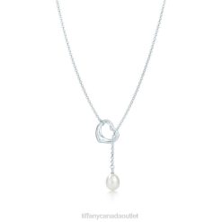 Tiffany Open Heart Lariat Necklace Unisex 0J0F24 Jewelry in Silver with Pearls, 9-9.5 mm