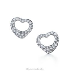 Tiffany Open Heart Stud Earrings Unisex 0J0F810 Jewelry in Platinum with Pave Diamonds, 11 mm