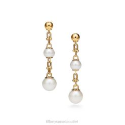 Tiffany Triple Drop Link Earrings Unisex 0J0F710 Jewelry in Yellow Gold with Freshwater Pearls
