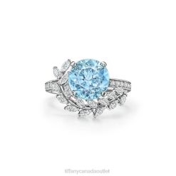Tiffany Vine Ring Unisex 0J0F1619 Jewelry in Platinum with an Aquamarine and Diamonds